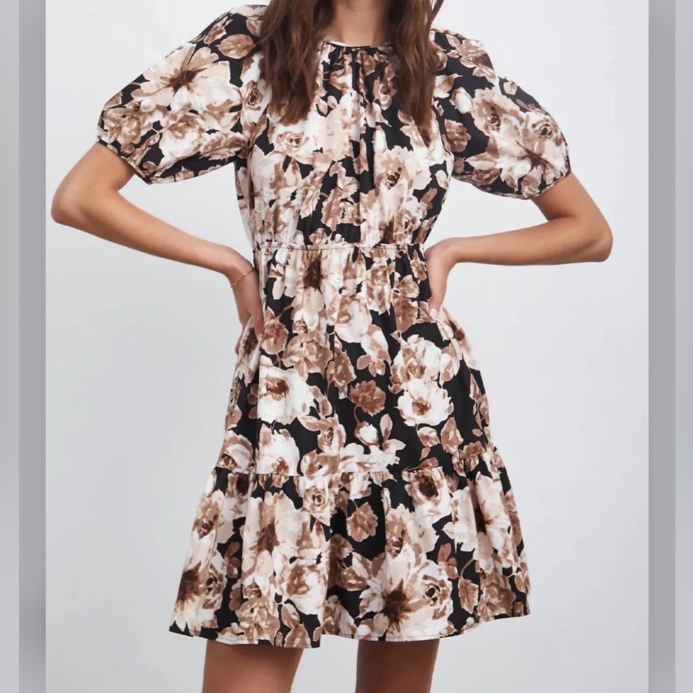 Rails Dress Khloe Black Tiered Brown Floral Puff Sleeve In Sepia Roses Print M